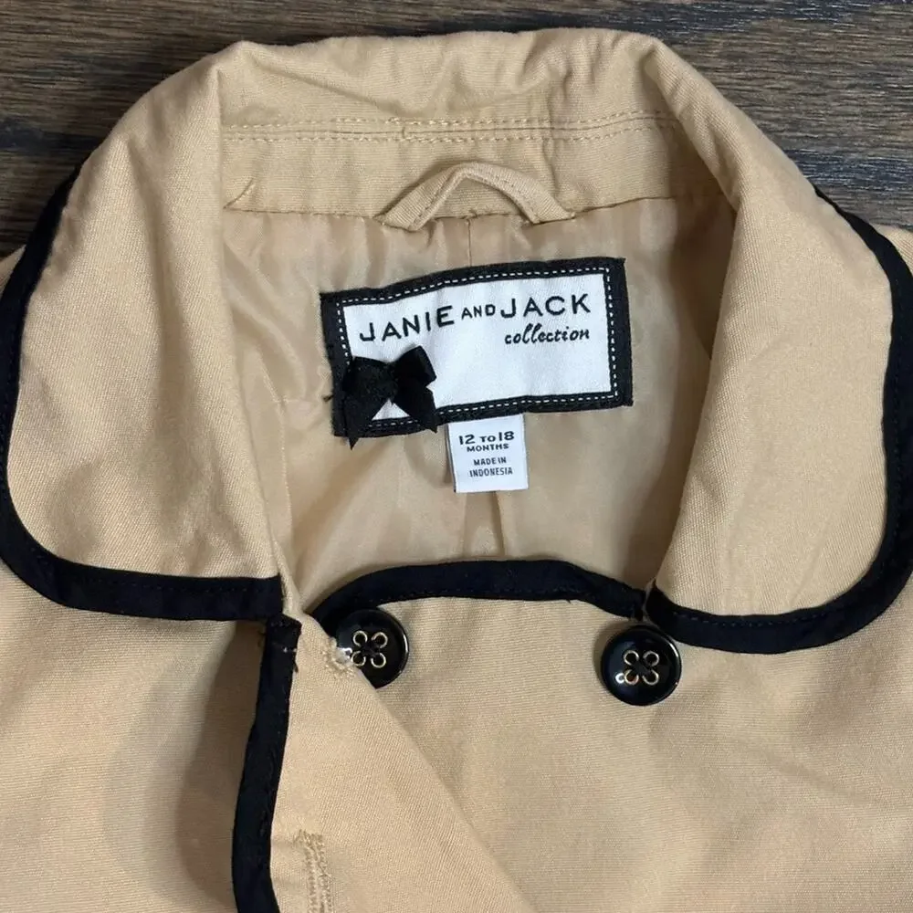 Janie and Jack Collection Tan Black Trim Belted Cotton Trench Coat 12-18 Months